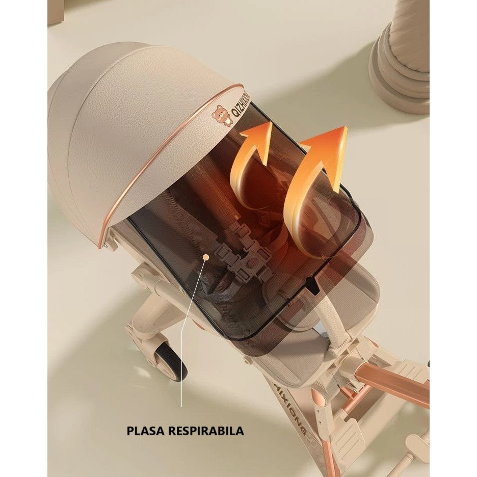 Carucior Sport 3in1, 6-36 Luni, Pliabil, Tavita pentru Masa, Pat de Dormit, Centura de Siguranta, Roti 360 Grade, Reversibil, Parasolar, Maner Reglabil, 64 x 35 x 100 cm, Bej - Gabcom