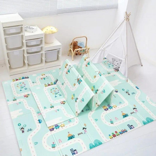 Covoras pentru Copii, cu 2 Fete, Model Oras/Safari, din XPE+PE, Impermeabil, Antiderapant, Protectie Termica, +3 Luni, Pliabil, 180 x 200 x 1 cm, Multicolor - Gabcom