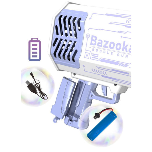 Pistol pentru Baloane de Sapun, 69 de Gauri, Lumini Colorate, Tavita, Lichid, Baterie de Li, Cablu de Incarcare, 24cm x 14cm x 24cm, Mov - Gabcom
