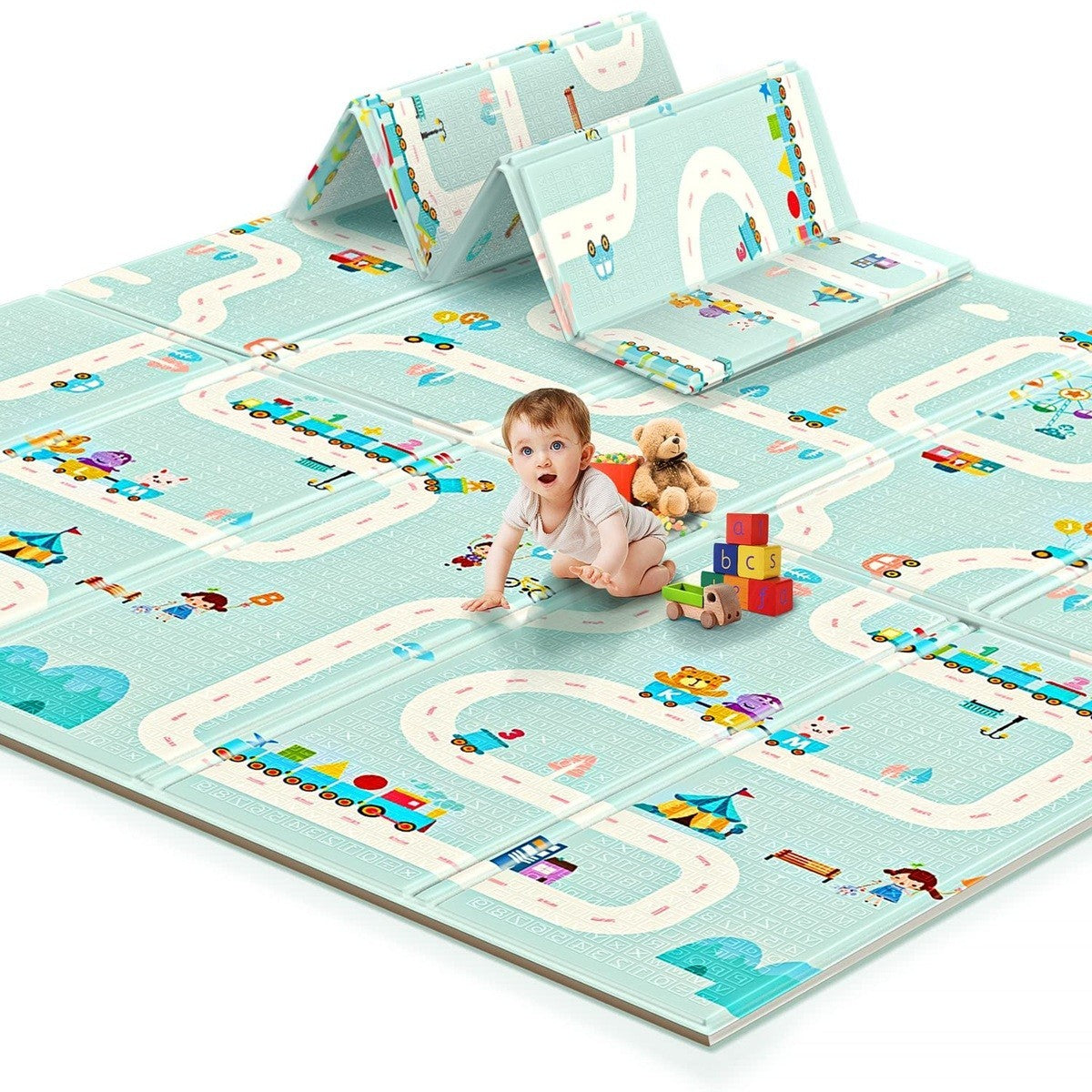 Covoras pentru Copii, cu 2 Fete, Model Oras/Safari, din XPE+PE, Impermeabil, Antiderapant, Protectie Termica, +3 Luni, Pliabil, 180 x 200 x 1 cm, Multicolor - Gabcom