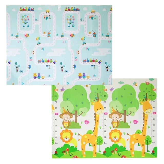 Covoras pentru Copii, cu 2 Fete, Model Oras/Safari, din XPE+PE, Impermeabil, Antiderapant, Protectie Termica, +3 Luni, Pliabil, 180 x 200 x 1 cm, Multicolor - Gabcom