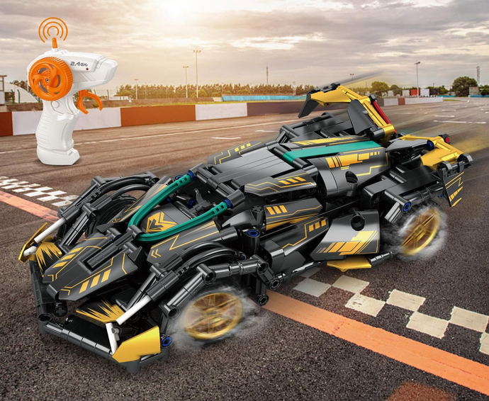 Mașină de Curse RC Pingao Blocks,Tip LEGO, 402 Piese, Telecomandă 2.4GHz, Scara 1:16, Full Function, Negru/Auriu