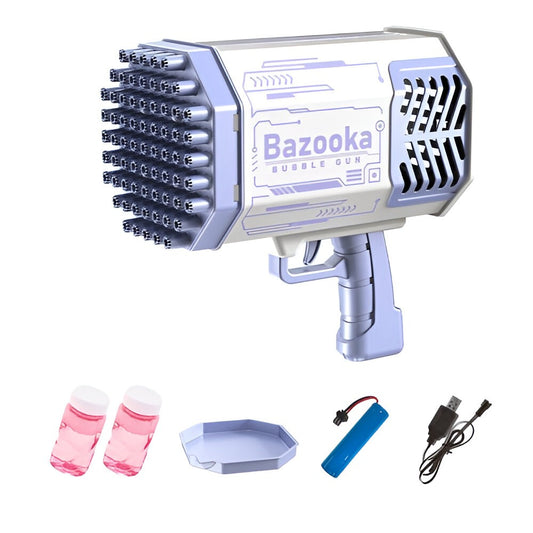 Pistol pentru Baloane de Sapun, 69 de Gauri, Lumini Colorate, Tavita, Lichid, Baterie de Li, Cablu de Incarcare, 24cm x 14cm x 24cm, Mov - Gabcom