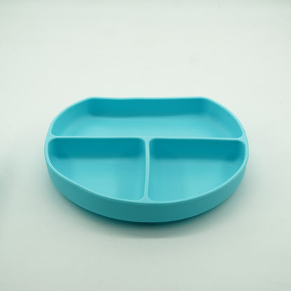 Set 5 piese diversificare bebelusi si copii din silicon , baveta, farfurie compartimentata cu ventuza, bol cu ventuza, tacamuri, fara alergeni, albastru - Gabcom